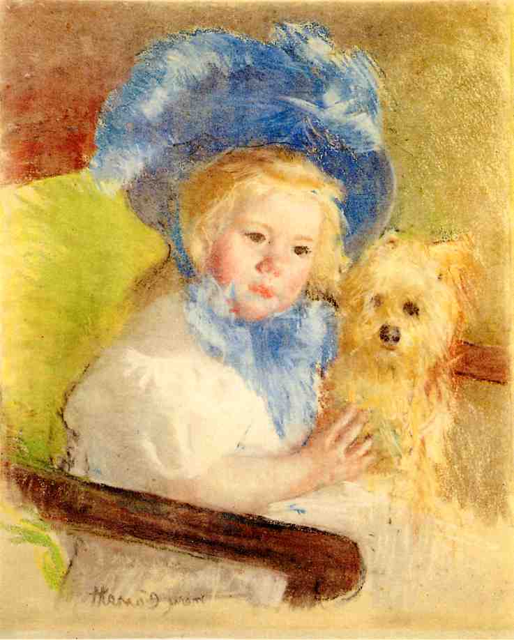 Simone in a Large Plumed Hat, Seated, Holding a Griffon Dog - Mary Cassatt Painting on Canvas